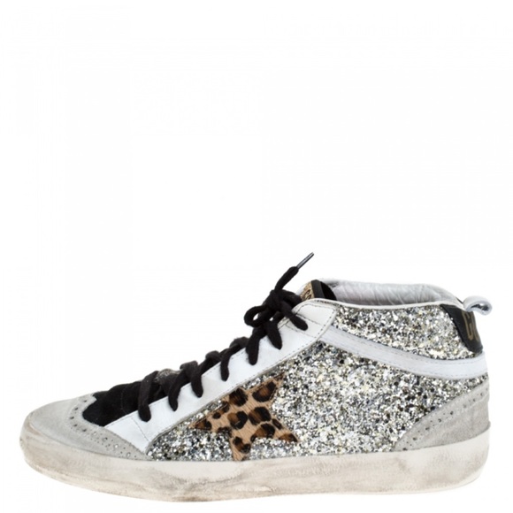 Golden Goose Silver & Black Mid Star Glitter Sneakers - Picture 1 of 8